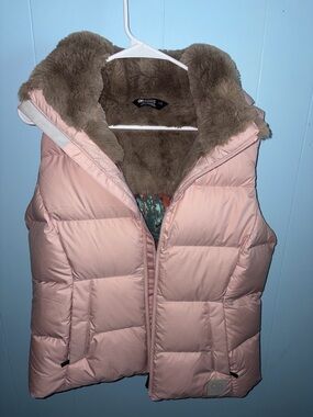 Outdoor Research Pink Quilted Puffer Vest with Brown Faux-Fur Hood